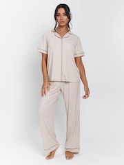 Loungeable Cream Rib Short Sleeve Traditional Shirt and Long Pyjamas - Image 4 of 4