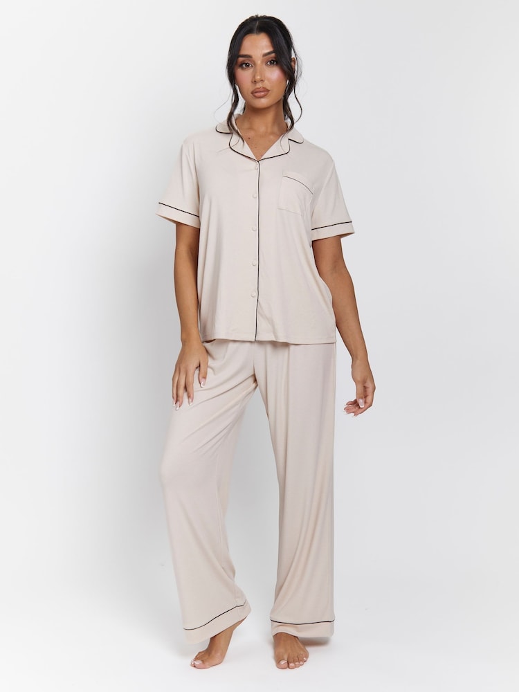 Loungeable Cream Rib Short Sleeve Traditional Shirt and Long Pyjamas - Image 4 of 4