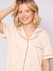Loungeable Cream/Black Trim Super Soft Jersey Rib Traditional Short Sleeve Long Pyjamas Set - Image 5 of 5