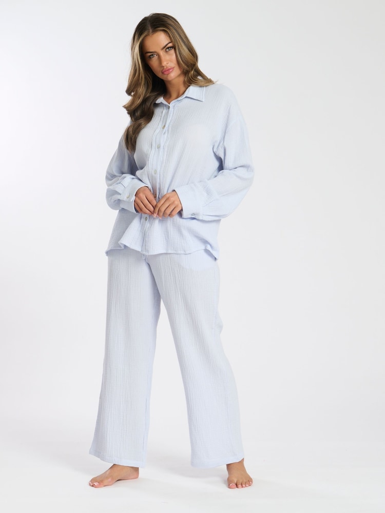 أزرق - Loungeable Waffle Long Sleeve Trousers Set - صورة 1 من 5