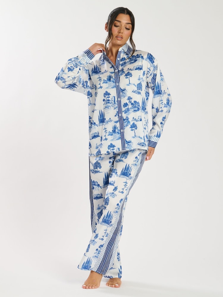 Loungeable Blue Printed Satin Long Sleeve and Wide Leg Trousers Set - Image 1 of 5