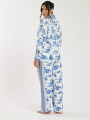 Loungeable Blue Printed Satin Long Sleeve and Wide Leg Trousers Set - Image 2 of 5