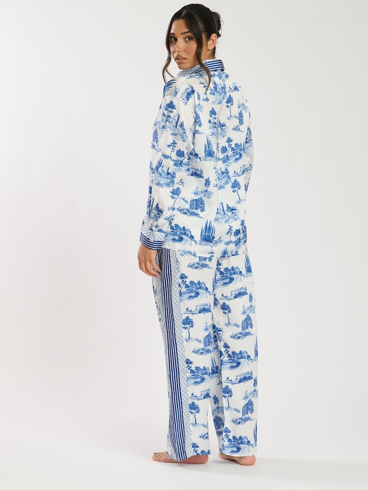 Loungeable Blue Printed Satin Long Sleeve and Wide Leg Trousers Set - Image 2 of 5