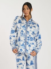 Loungeable Blue Printed Satin Long Sleeve and Wide Leg Trousers Set - Image 4 of 5