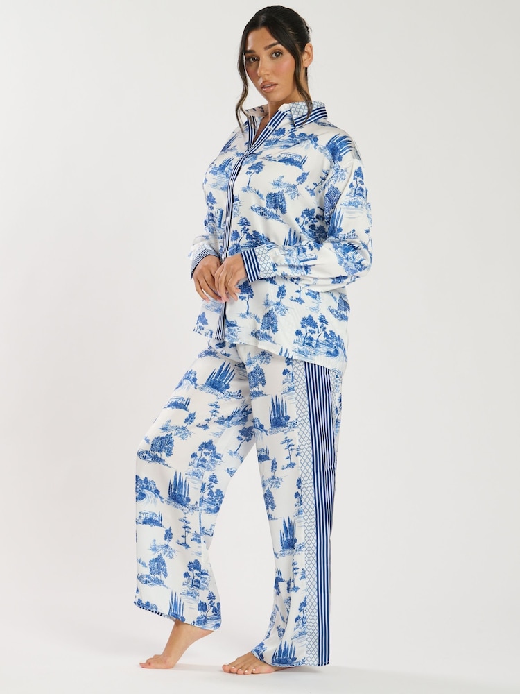 Loungeable Blue Printed Satin Long Sleeve and Wide Leg Trousers Set - Image 5 of 5