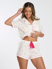 Loungeable White Printed Dobby Short Sleeve Traditional Shirt and Shorts Set - Image 4 of 5