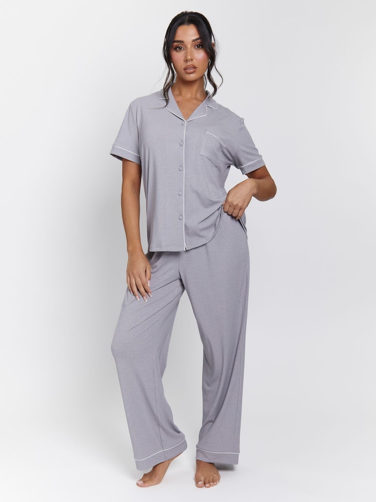Loungeable Silver Rib Short Sleeve Traditional Shirt and Long Pyjamas - Image 1 of 3