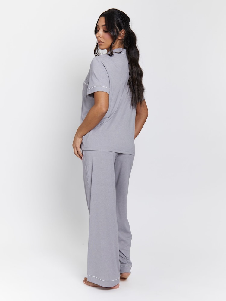 Loungeable Silver Rib Short Sleeve Traditional Shirt and Long Pyjamas - Image 2 of 3