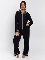 Loungeable Black Rib Long Sleeve Traditional Shirt and Long Pyjamas - Image 1 of 4