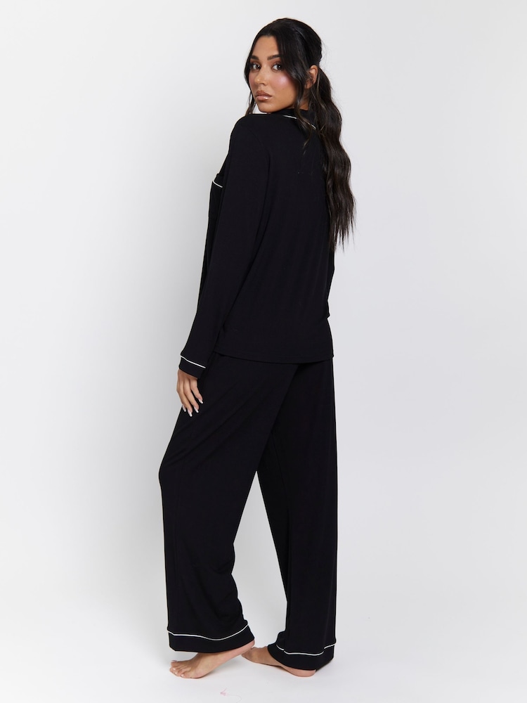 Loungeable Black Rib Long Sleeve Traditional Shirt and Long Pyjamas - Image 2 of 4
