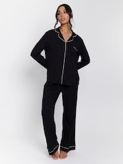 Loungeable Black Rib Long Sleeve Traditional Shirt and Long Pyjamas - Image 3 of 4