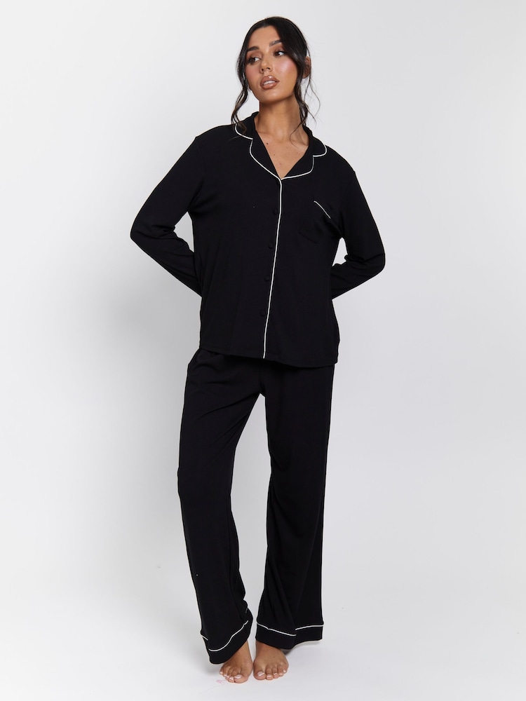 Loungeable Black/White Trim Rib Long Sleeve Traditional Shirt and Long Pyjamas - Image 3 of 4