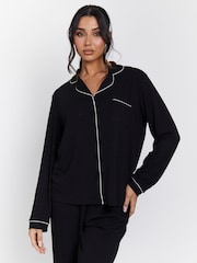 Loungeable Black Rib Long Sleeve Traditional Shirt and Long Pyjamas - Image 4 of 4