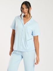 Loungeable Blue Super Soft Jersey Rib Traditional Short Sleeve Long Pyjamas Set - Image 1 of 5