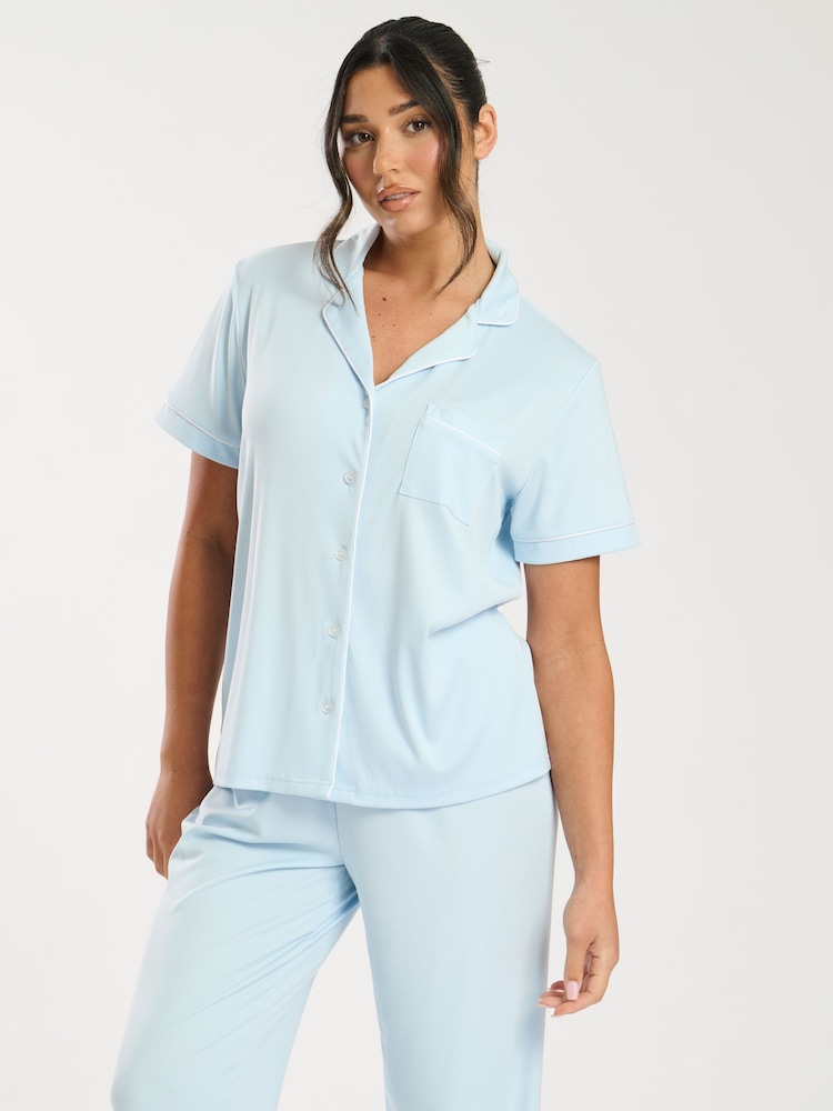 Loungeable Blue Super Soft Jersey Rib Traditional Short Sleeve Long Pyjamas Set - Image 1 of 5