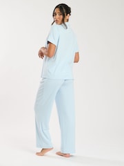Loungeable Blue Super Soft Jersey Rib Traditional Short Sleeve Long Pyjamas Set - Image 2 of 5