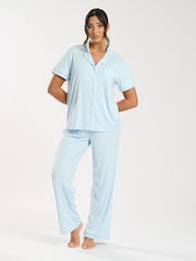 Loungeable Blue Super Soft Jersey Rib Traditional Short Sleeve Long Pyjamas Set - Image 3 of 5