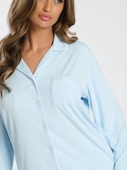 Loungeable Blue Super Soft Jersey Rib Traditional Short Sleeve Long Pyjamas Set - Image 5 of 5