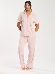 Loungeable Pink Super Soft Jersey Rib Traditional Short Sleeve Long Pyjamas Set - Image 1 of 4