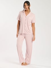 Loungeable Pink Super Soft Jersey Rib Traditional Short Sleeve Long Pyjamas Set - Image 2 of 4