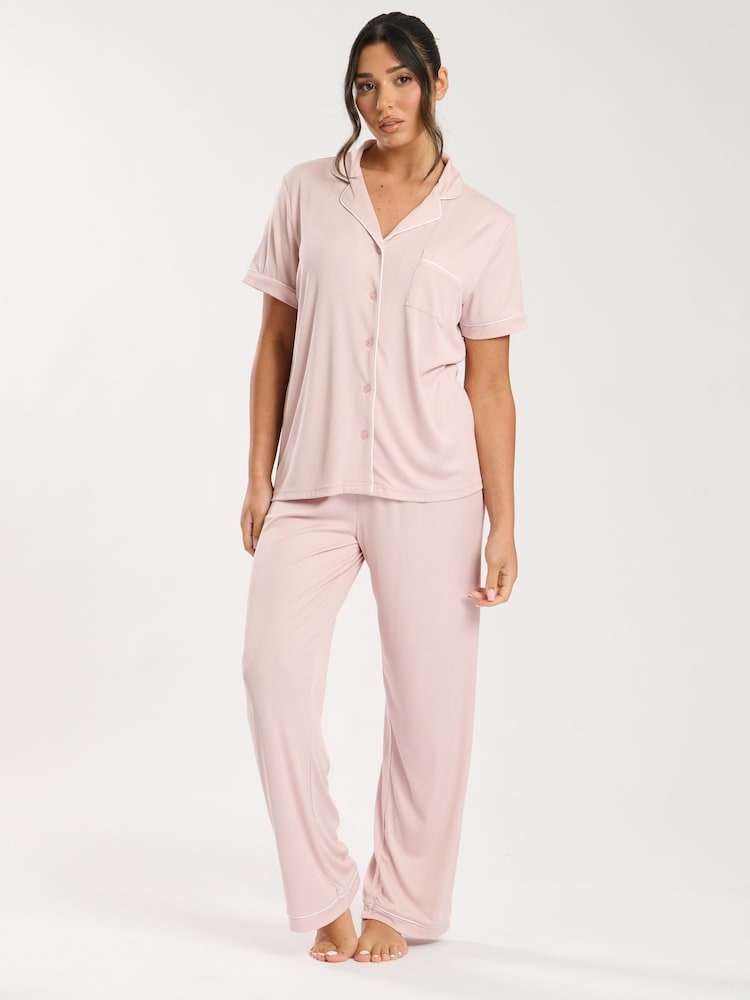 Loungeable Pink Super Soft Jersey Rib Traditional Short Sleeve Long Pyjamas Set - Image 2 of 4