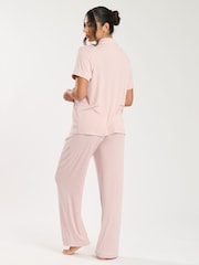 Loungeable Pink Super Soft Jersey Rib Traditional Short Sleeve Long Pyjamas Set - Image 3 of 4