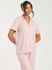Loungeable Pink Super Soft Jersey Rib Traditional Short Sleeve Long Pyjamas Set - Image 4 of 4