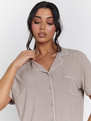 Loungeable Brown Rib Short Sleeve Traditional Shirt and Shorts Set - Image 4 of 5