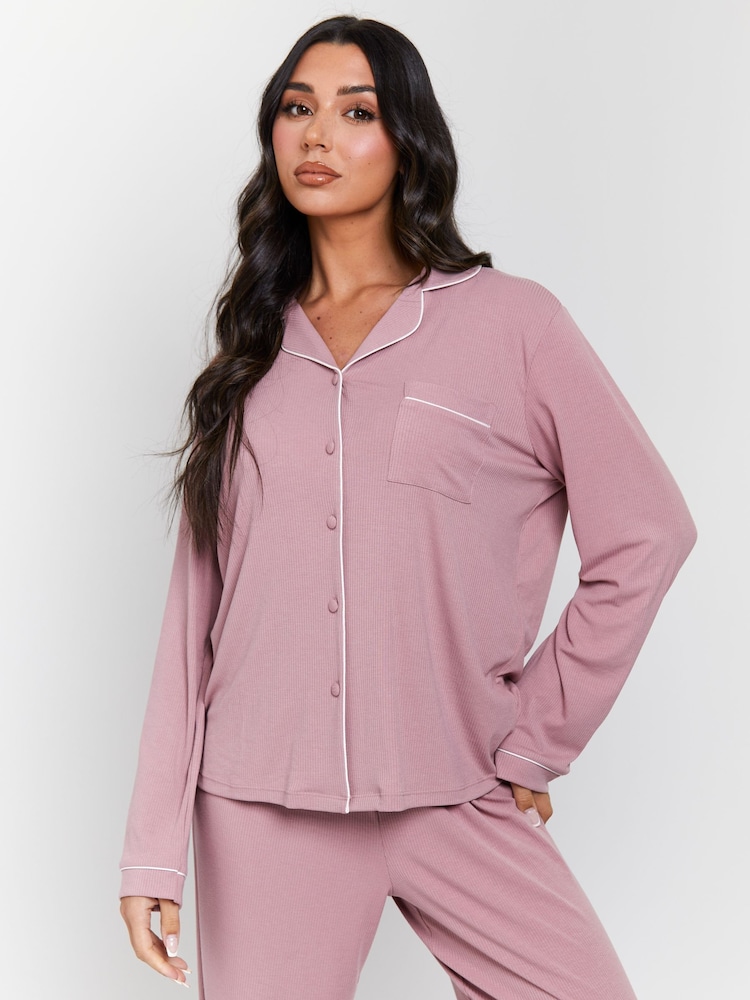 وردي - Loungeable Rib Long Sleeve Traditional Shirt and Long Pyjamas - صورة 2 من 5