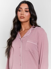 وردي - Loungeable Rib Long Sleeve Traditional Shirt and Long Pyjamas - صورة 4 من 5