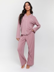 وردي - Loungeable Rib Long Sleeve Traditional Shirt and Long Pyjamas - صورة 5 من 5
