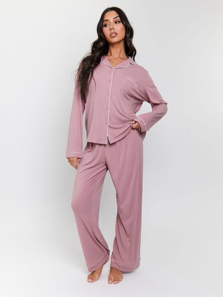 وردي - Loungeable Rib Long Sleeve Traditional Shirt and Long Pyjamas - صورة 5 من 5