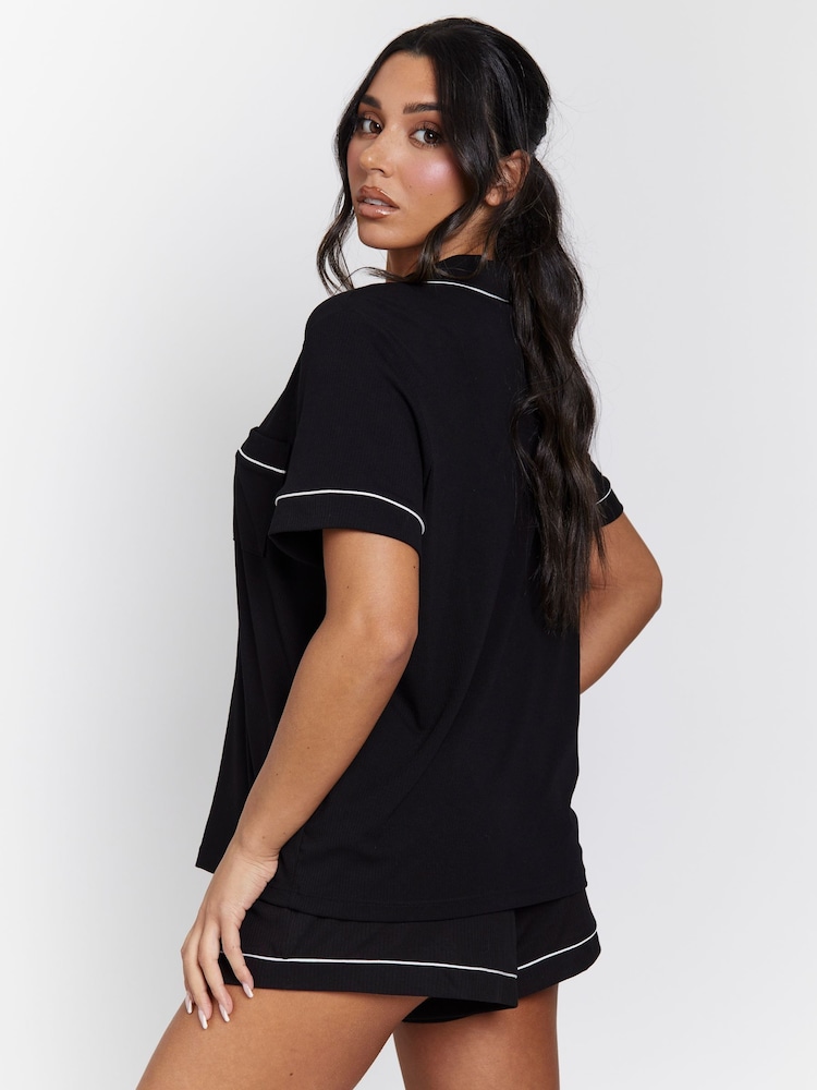 Loungeable Black Rib Short Sleeve Traditional Shirt and Shorts Set - Image 2 of 5