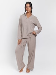 Loungeable Brown Rib Long Sleeve Traditional Shirt and Long Pyjamas - Image 1 of 5