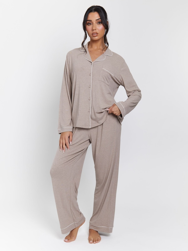 Loungeable Brown Rib Long Sleeve Traditional Shirt and Long Pyjamas - Image 1 of 5