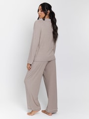 Loungeable Brown Rib Long Sleeve Traditional Shirt and Long Pyjamas - Image 2 of 5
