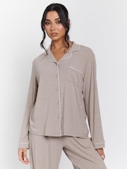 Loungeable Brown Rib Long Sleeve Traditional Shirt and Long Pyjamas - Image 3 of 5