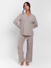 Loungeable Brown Rib Long Sleeve Traditional Shirt and Long Pyjamas - Image 4 of 5
