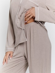 Loungeable Brown Rib Long Sleeve Traditional Shirt and Long Pyjamas - Image 5 of 5