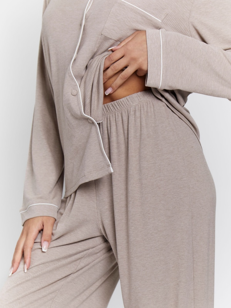 Loungeable Brown Rib Long Sleeve Traditional Shirt and Long Pyjamas - Image 5 of 5