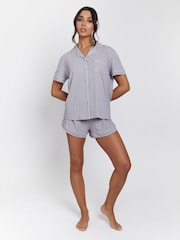 Loungeable Silver Rib Short Sleeve Traditional Shirt and Shorts Set - Image 1 of 5