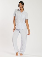 Loungeable Blue Heart Stripe Short Sleeve Shirt and Trousers Set - Image 1 of 5