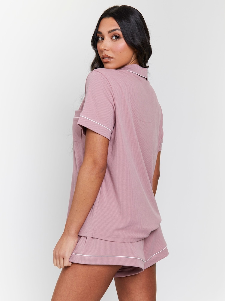 Loungeable Pink Rib Short Sleeve Traditional Shirt and Shorts Set - Image 2 of 4