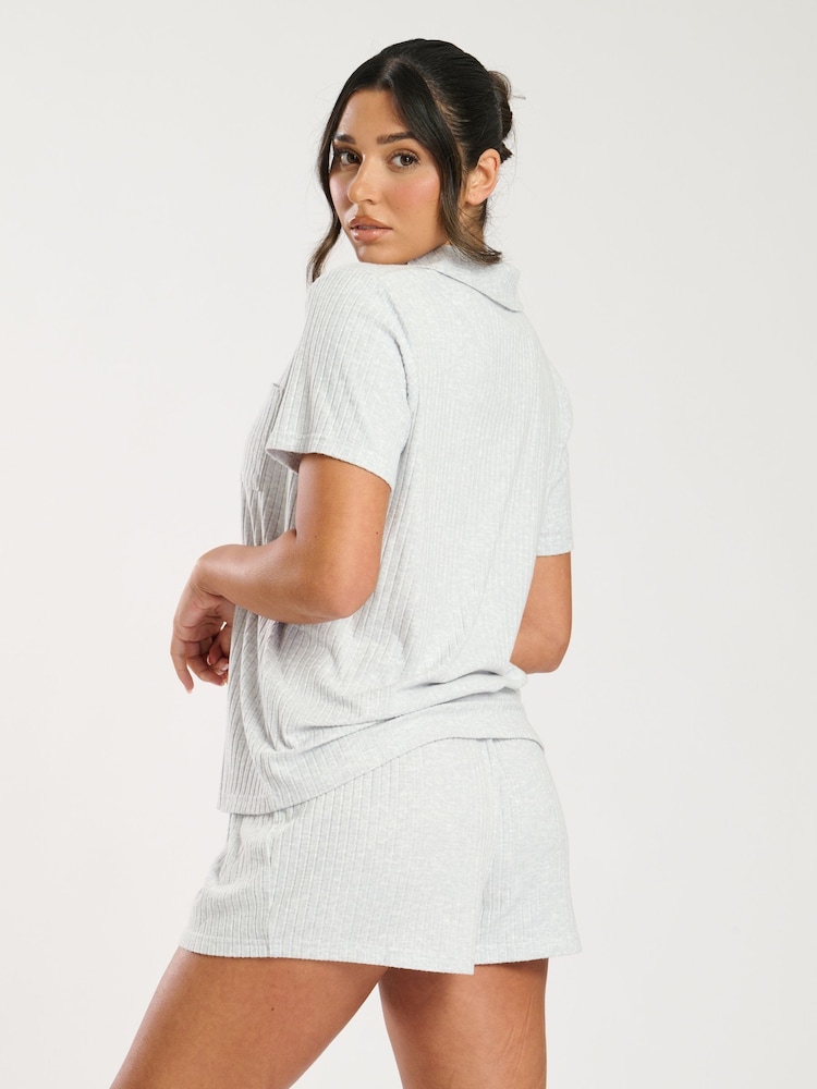 Loungeable Grey Luxury Brushed Rib Short Sleeve and Short Traditional Set - Image 2 of 4
