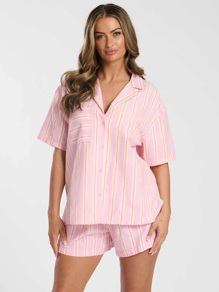 Loungeable Pink Woven Traditional Short Sleeve Pyjamas Set - Image 1 of 5
