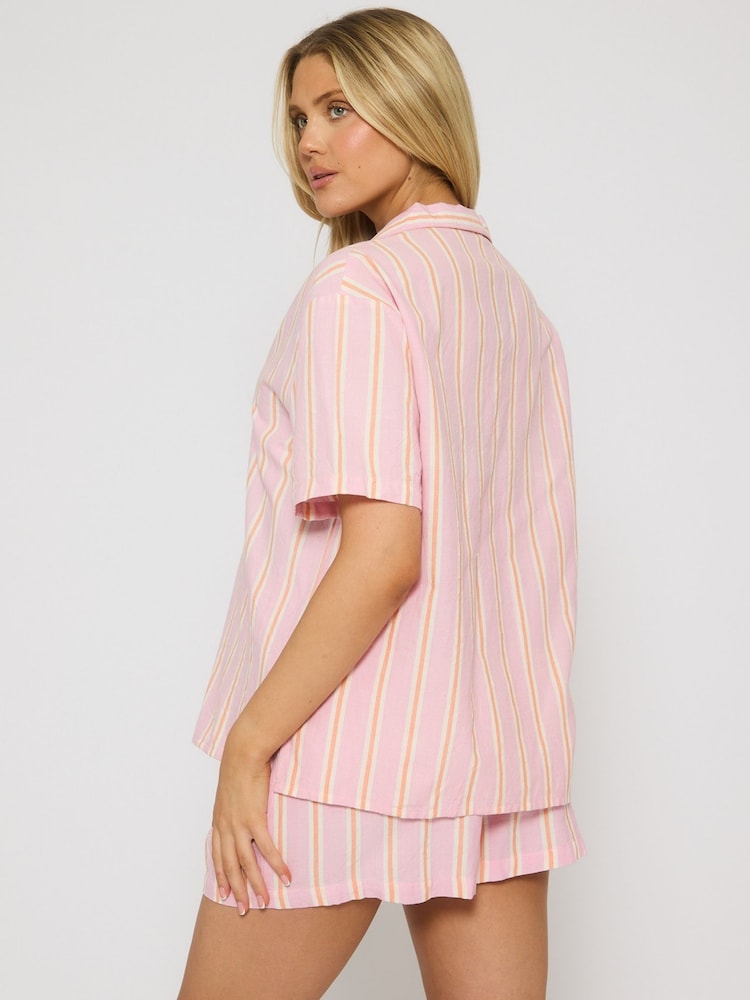 Loungeable Pink Woven Striped Traditional Short Sleeve Co-ord Set - Image 2 of 4 Loungeable Pink Woven Striped Traditional Short Sleeve Co-ord Set - Image 2 of 4