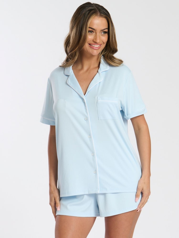 Loungeable Blue Super Soft Jersey Rib Traditional Short Sleeve Set - Image 1 of 4