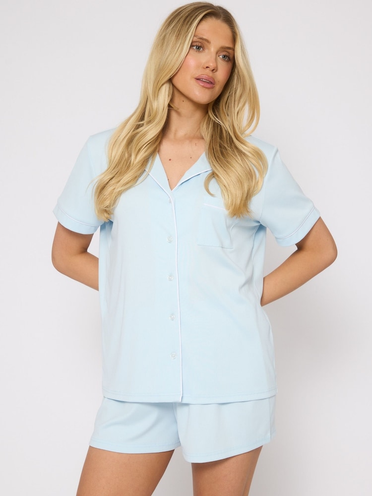 Loungeable Light Blue Super Soft Jersey Rib Traditional Short Sleeve Set - Image 3 of 5