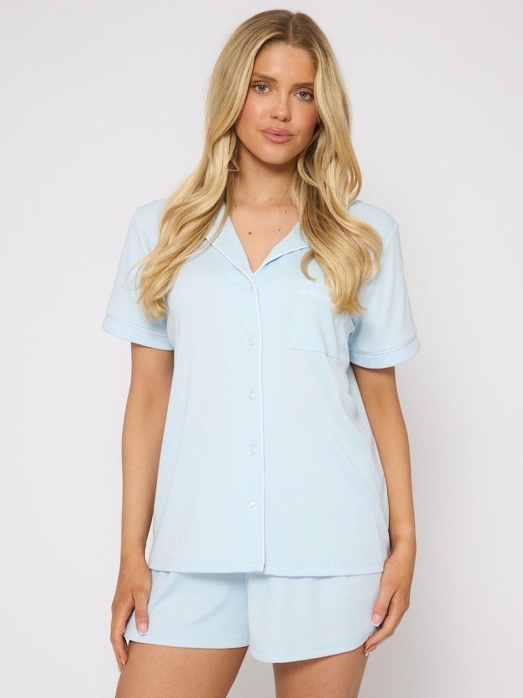 Loungeable Light Blue Super Soft Jersey Rib Traditional Short Sleeve Set - Image 5 of 5