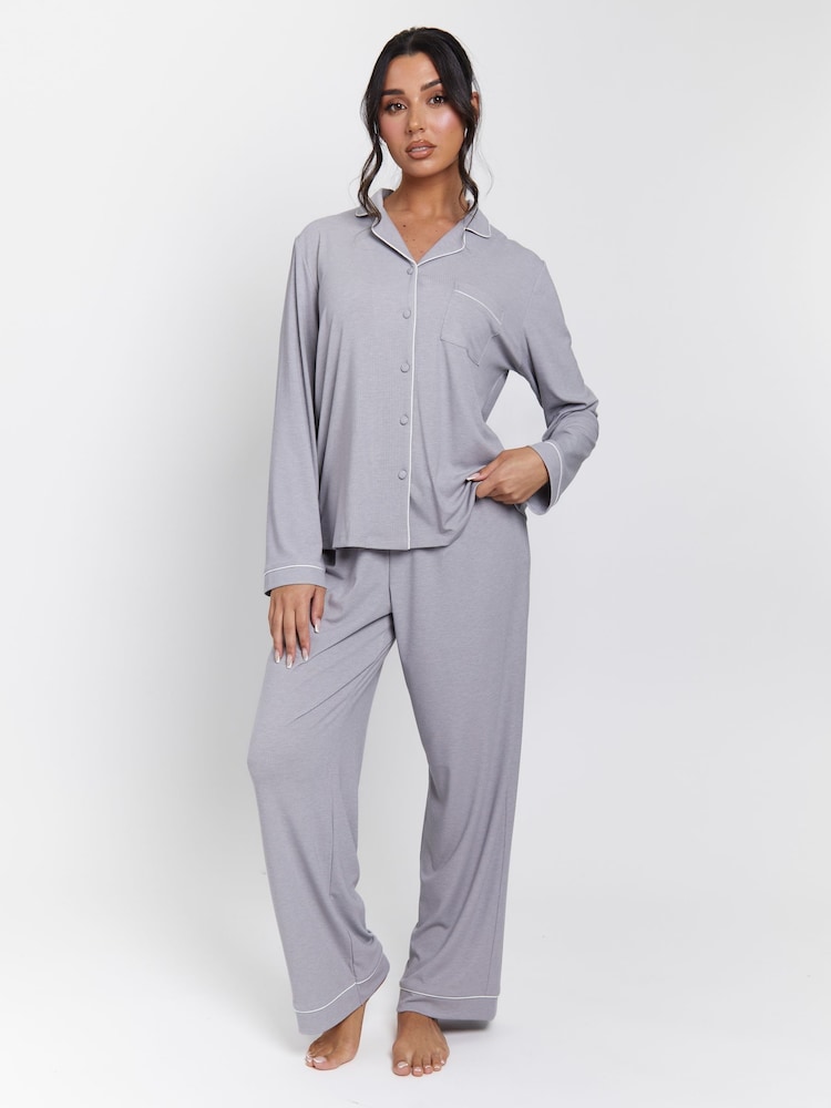 فضي - Loungeable Rib Long Sleeve Traditional Shirt and Long Pyjamas - صورة 1 من 5